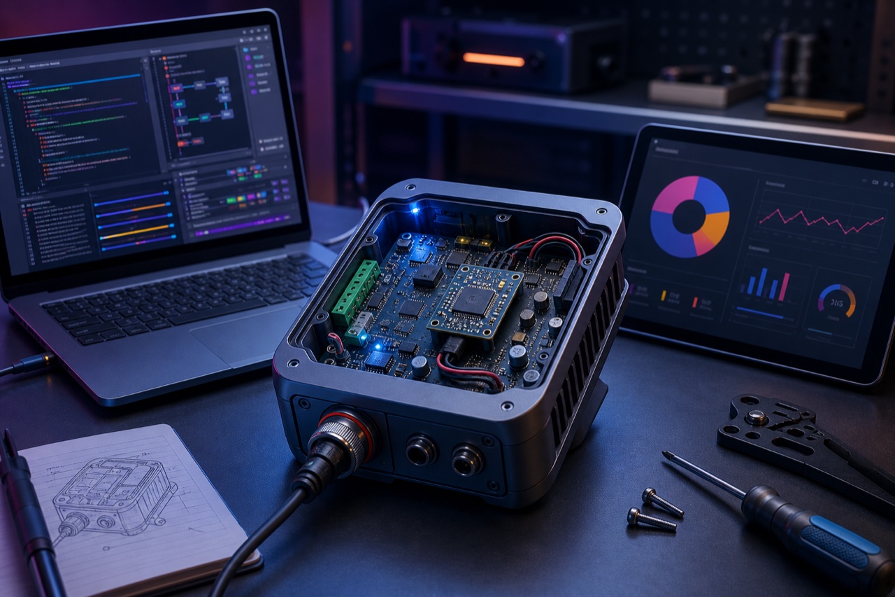 Geopende productbehuizing rond maatwerk elektronica
